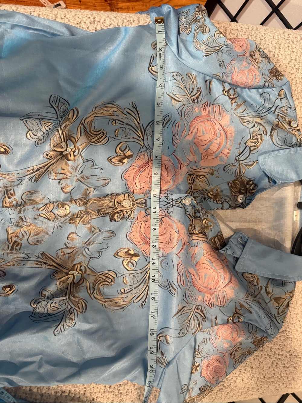Light Blue Floral Button-Up Blouse with Pink Roses - Picture 5 of 6